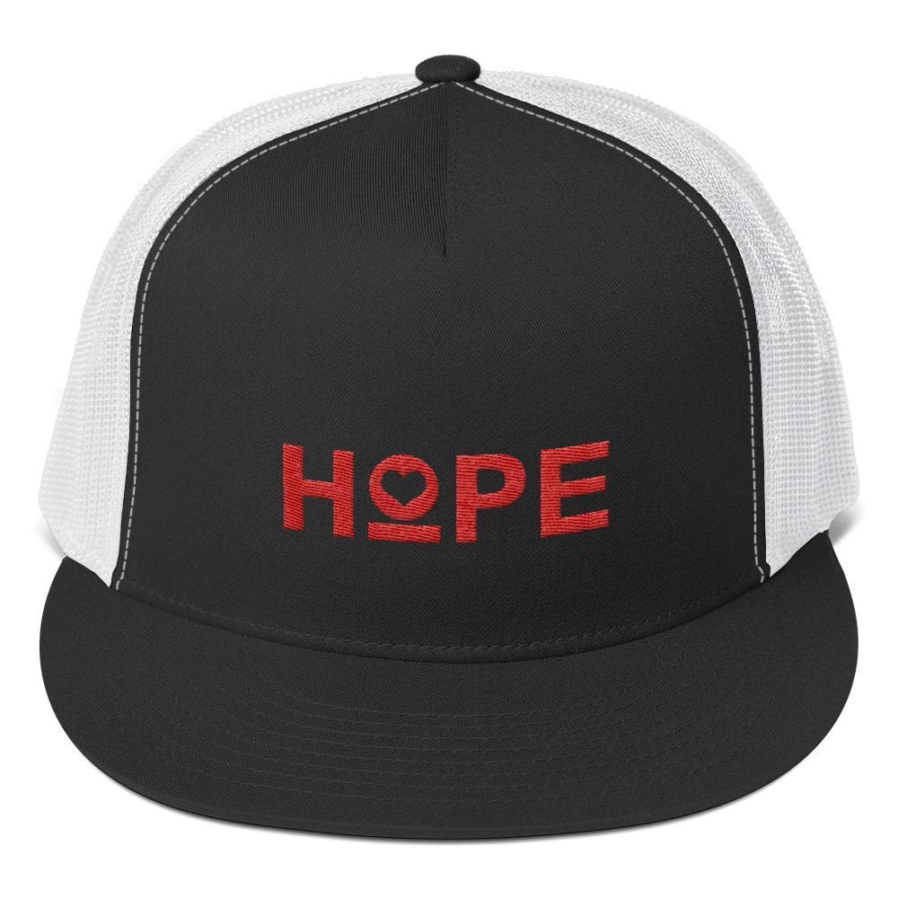 Embroidered trucker snapback hat with HOPE logo on black front and white mesh panels