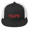 Embroidered trucker snapback hat with HOPE logo on black front and white mesh panels