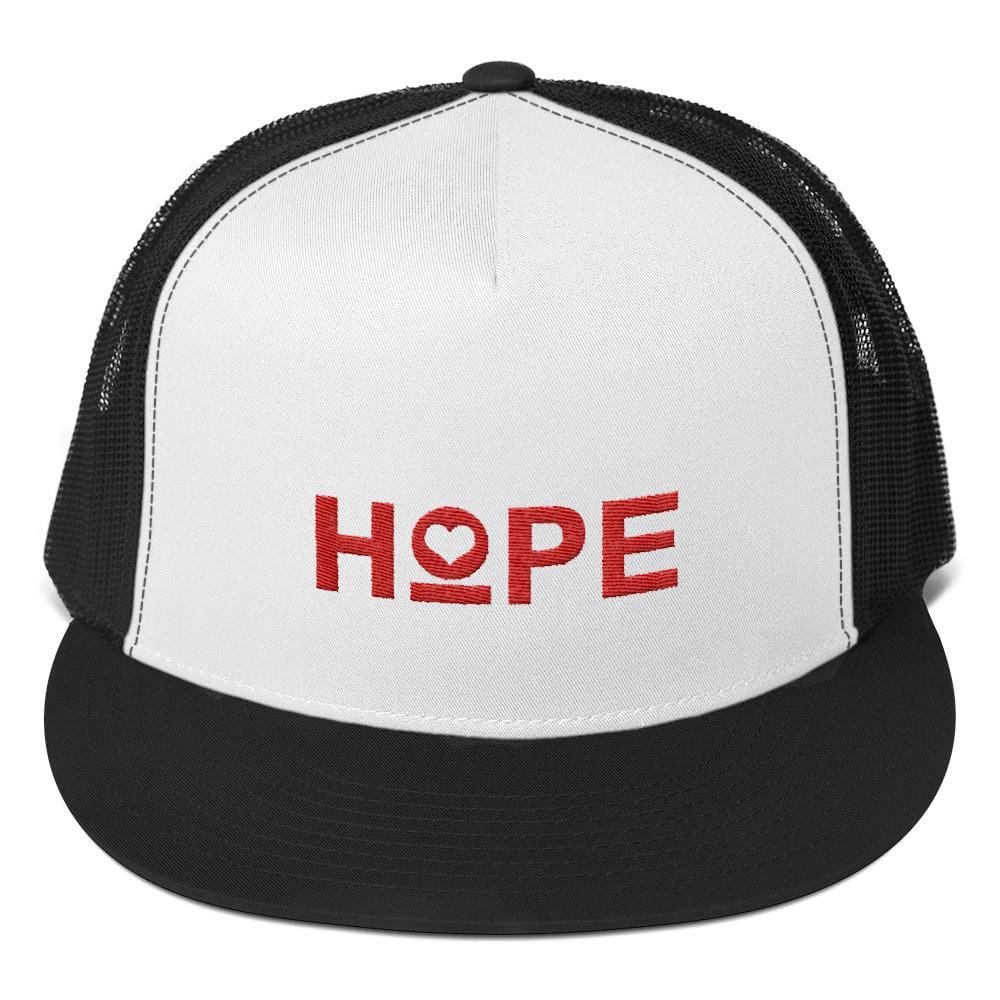 Embroidered trucker snapback hat with HOPE logo on white front and black mesh panels