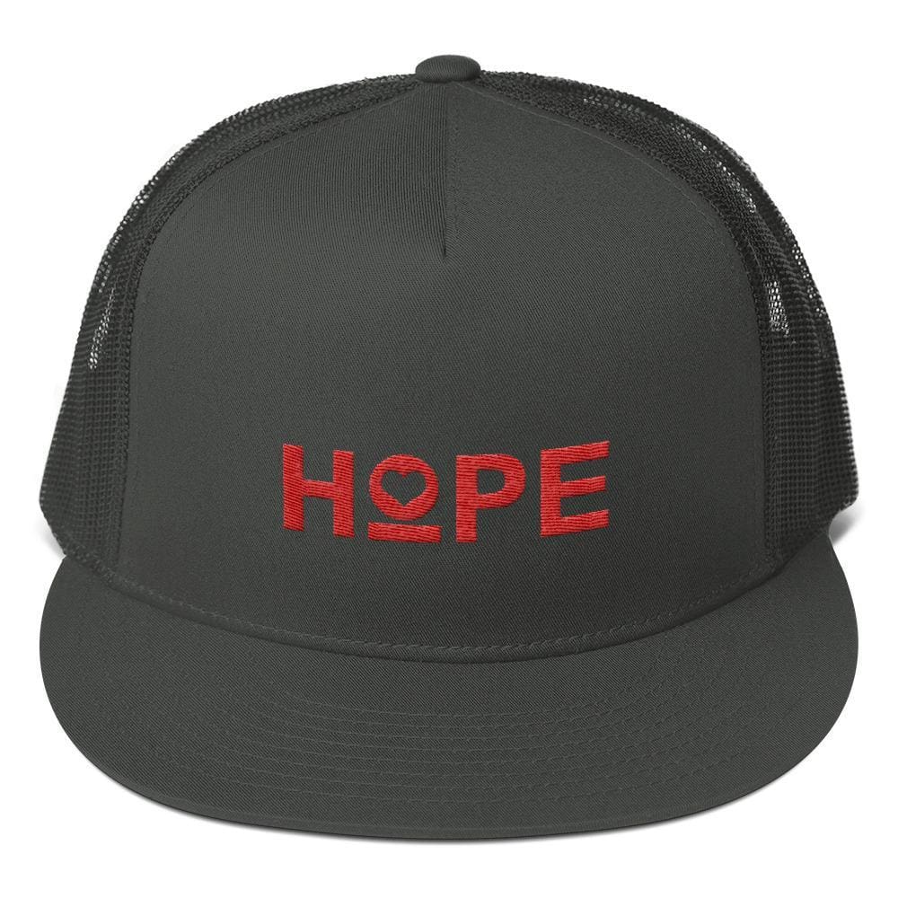 Embroidered trucker snapback hat with HOPE logo on gray front and dark mesh panels
