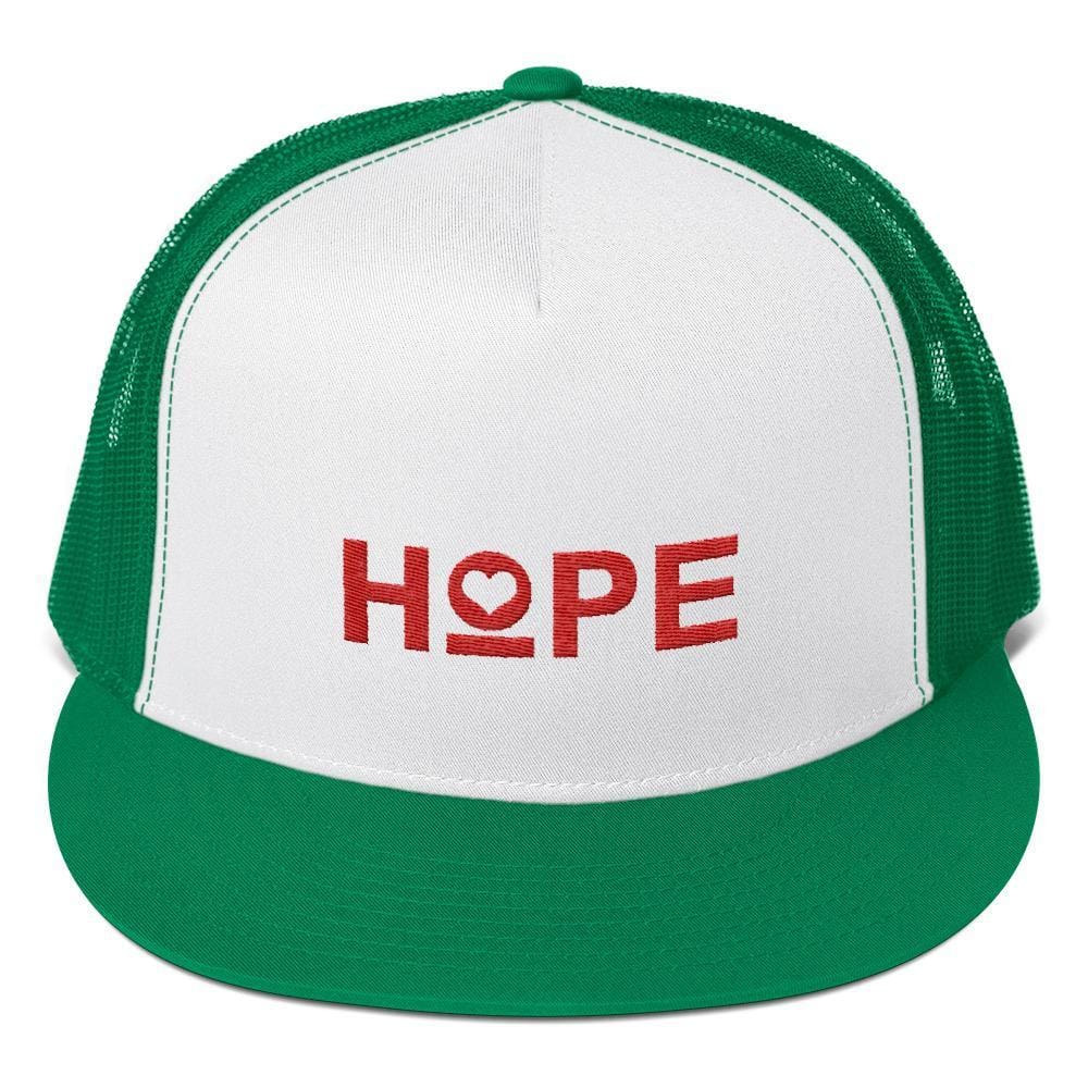Embroidered trucker snapback hat with HOPE logo on white front and green mesh panels