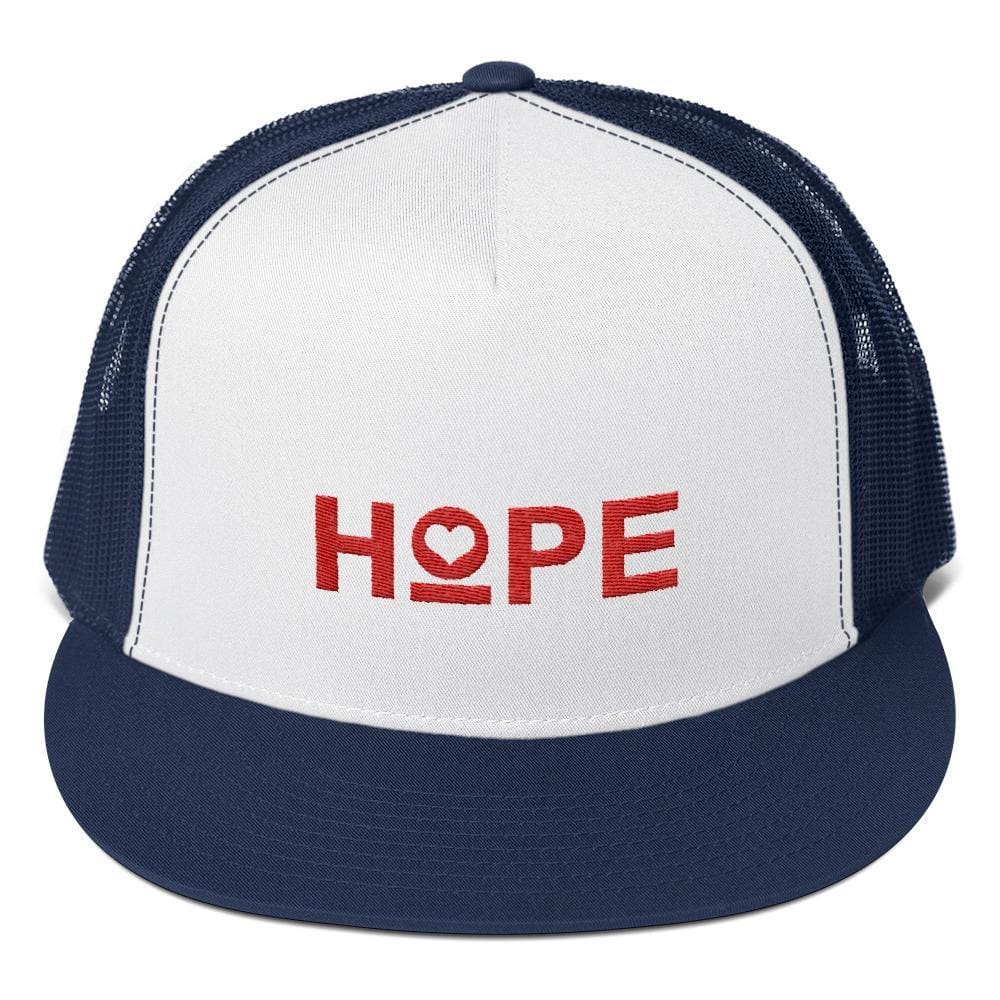Embroidered trucker snapback hat with HOPE logo on white front and navy mesh panels