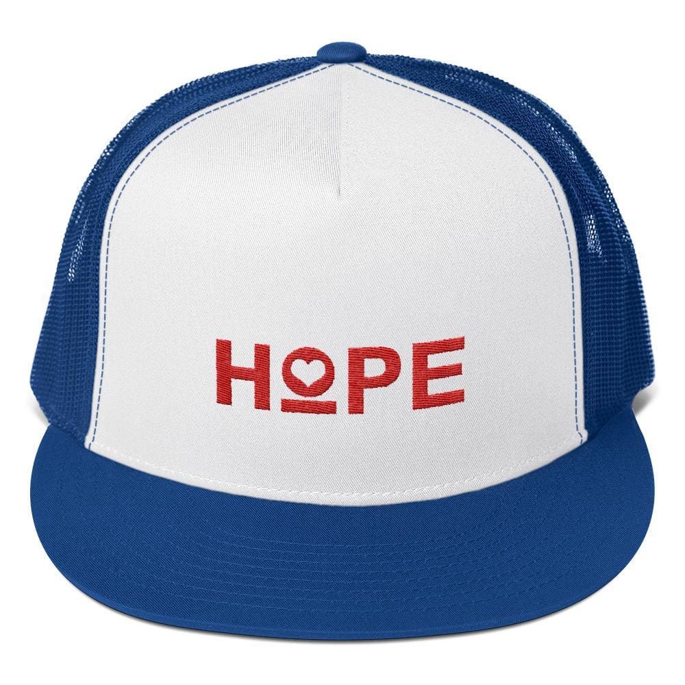 Embroidered trucker snapback hat with HOPE logo on white front and blue mesh panels