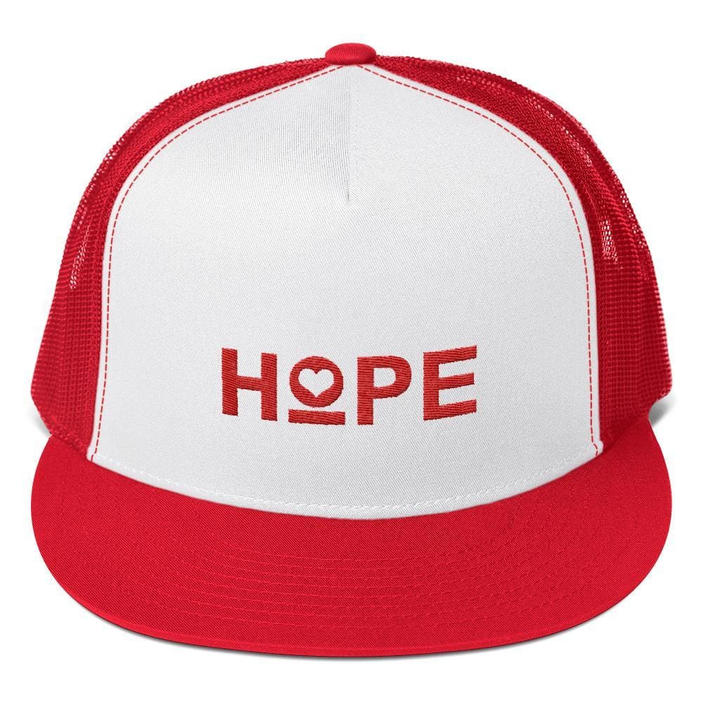 Embroidered trucker snapback hat with HOPE logo on white front and red mesh panels