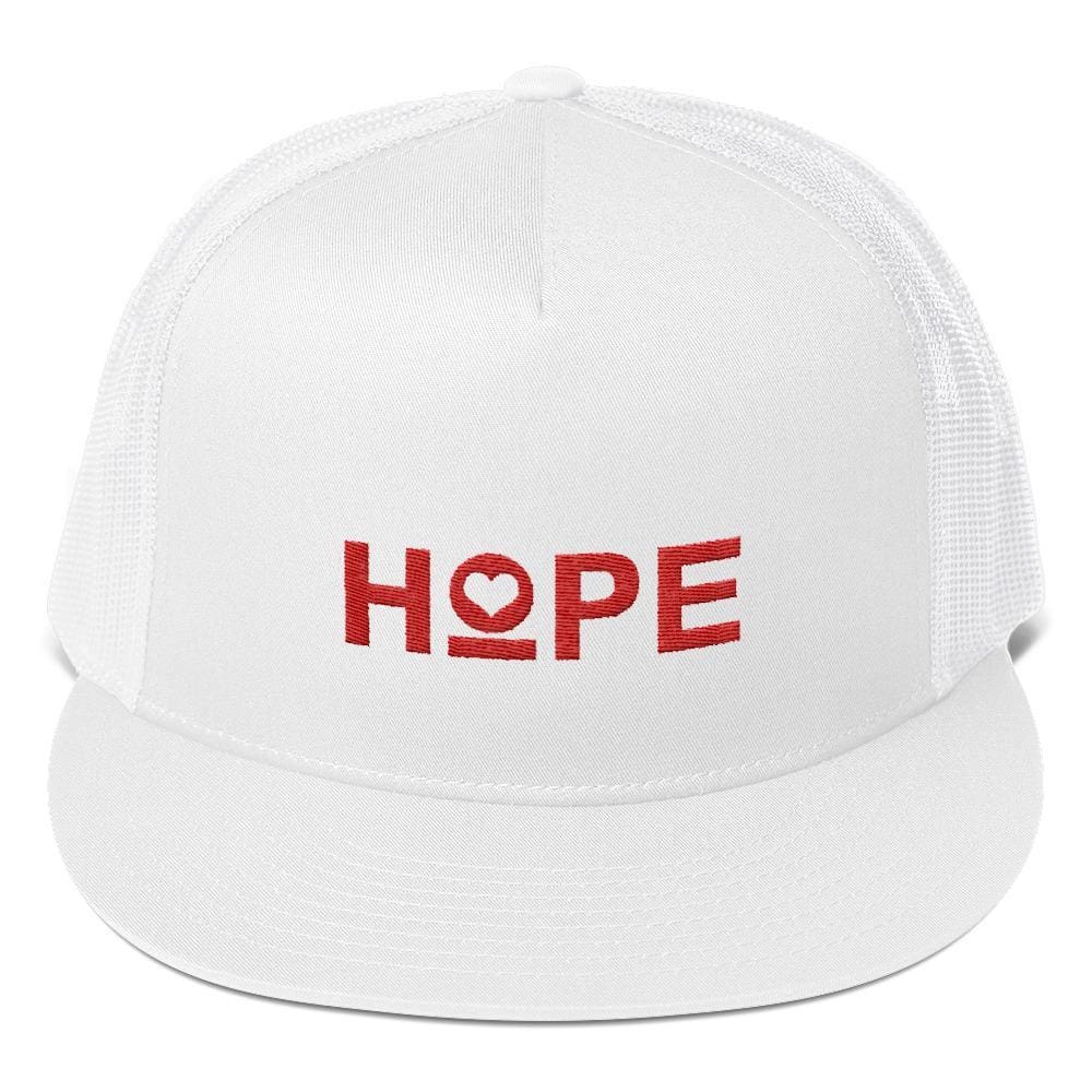Embroidered trucker snapback hat with HOPE logo on white front and white mesh panels