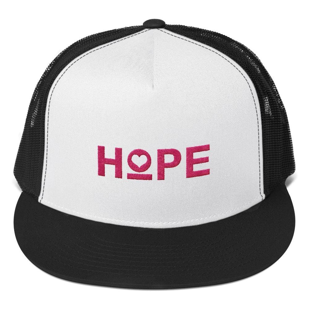 5-panel snapback trucker hat, white front with black mesh and black brim