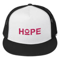 5-panel snapback trucker hat, white front with black mesh and black brim