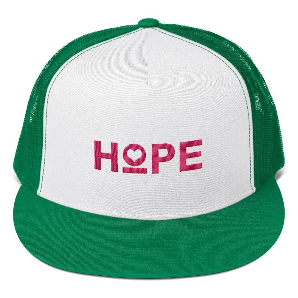 5-panel snapback trucker hat, white front with green mesh and green brim