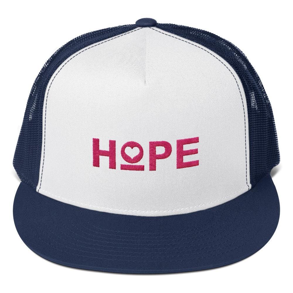 5-panel snapback trucker hat, white front with navy mesh and navy brim