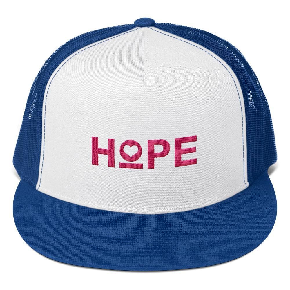 5-panel snapback trucker hat, white front with royal blue mesh and blue brim