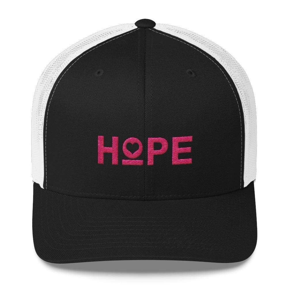 Snapback trucker hat with black front, white mesh, and pink HOPE logo