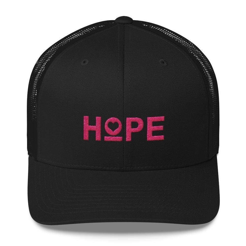 Snapback trucker hat with black front and mesh, and pink HOPE logo