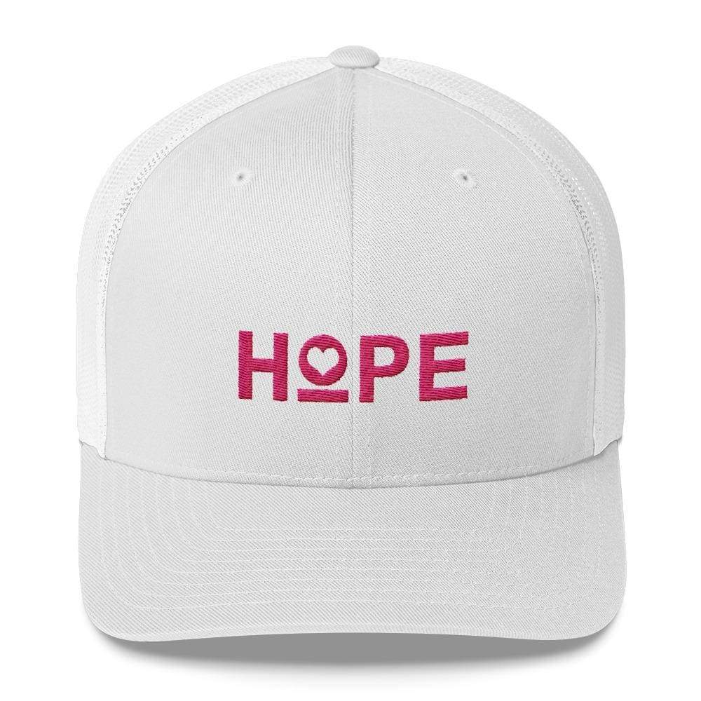 Snapback trucker hat with white front and mesh, and pink HOPE logo