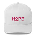 Snapback trucker hat with white front and mesh, and pink HOPE logo
