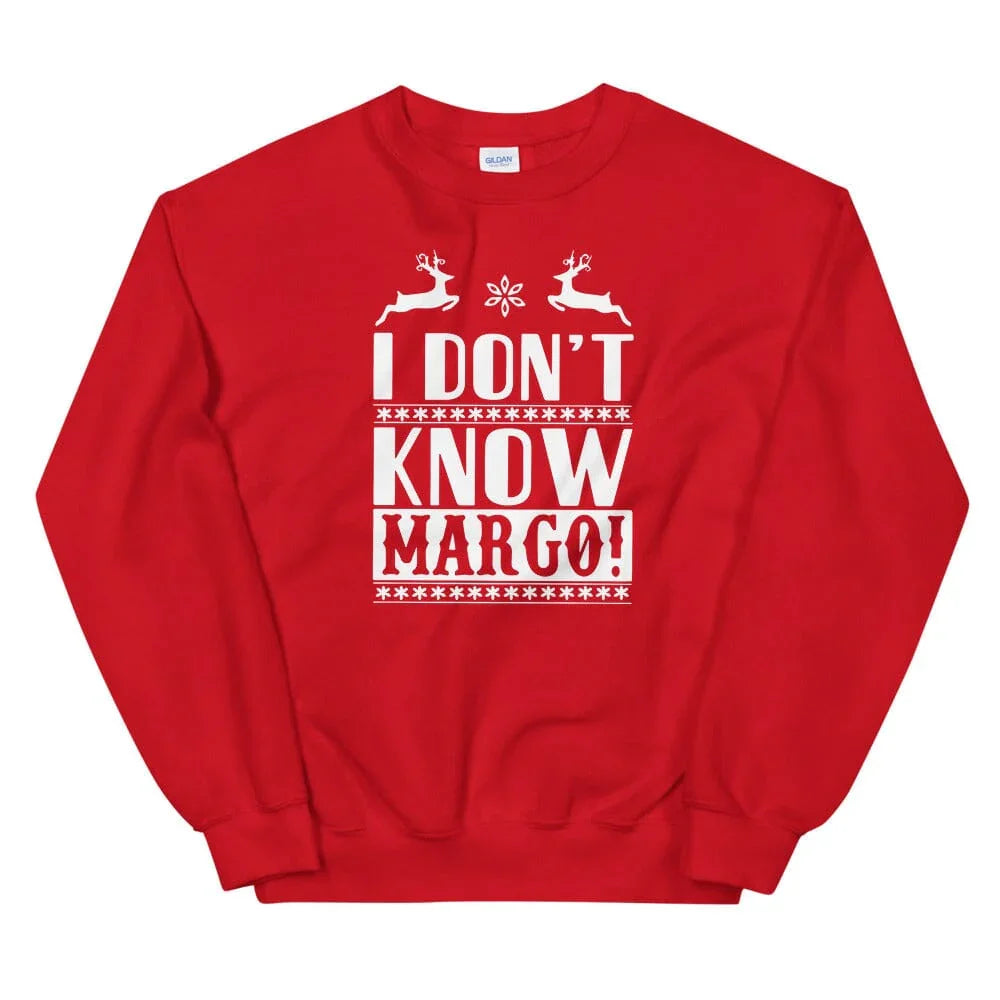 Red sweatshirt with front reindeer holiday text graphic, crewneck long sleeves