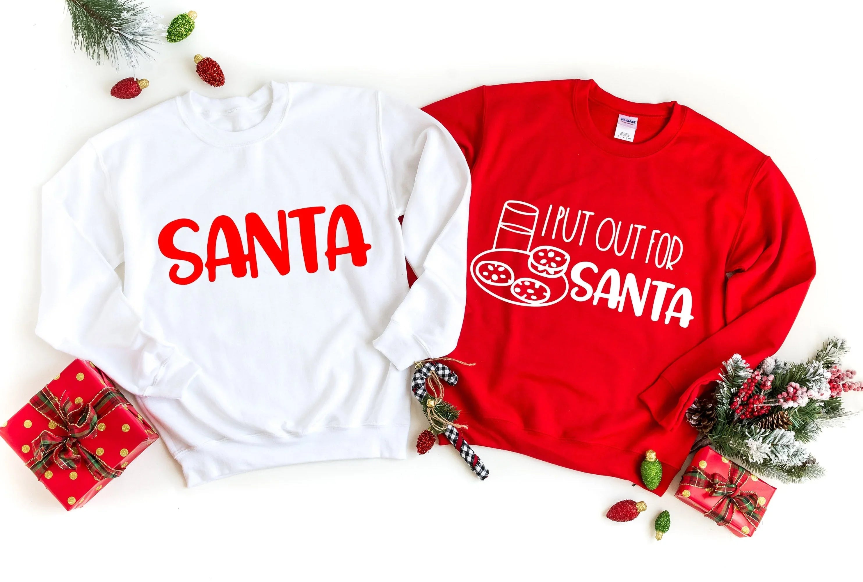 White sweatshirt with bold SANTA text across the chest