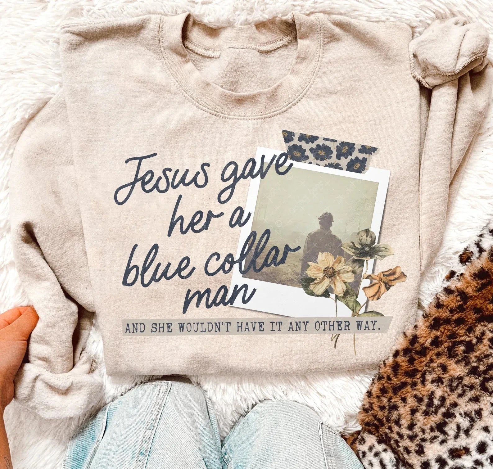 Light sand sweatshirt with front script and floral photo graphic
