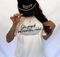 White crewneck tee with 'She prayed and mountains moved' front print