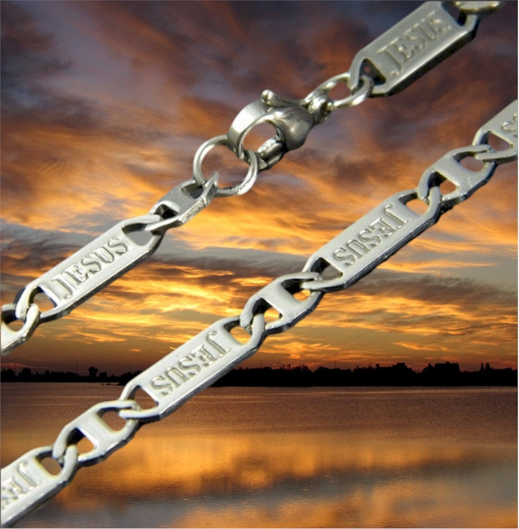 Silver-tone chain bracelet necklace with stamped JESUS links and metal clasp