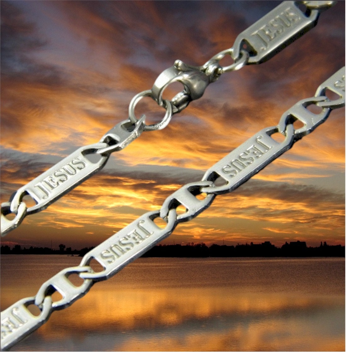 Silver-tone chain bracelet necklace with stamped JESUS links and metal clasp