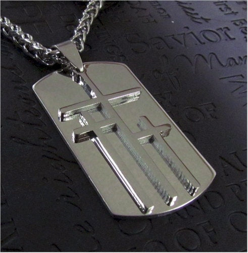 Silver-tone triple cross dog tag pendant on chain