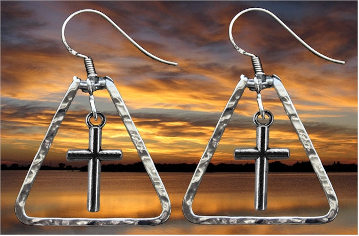 Silver triangle cross drop earrings with long hook stems and fishhook backs