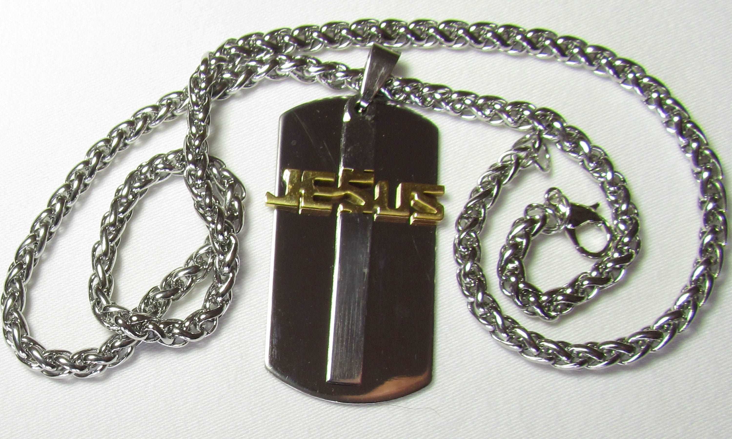 Stainless steel dog tag necklace with cross cut-out pendant and silver-tone chain