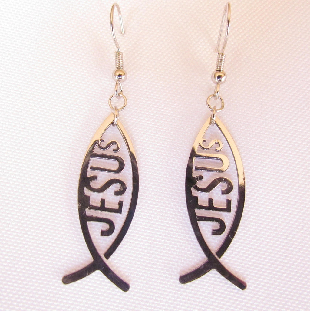 Ichthus fish earrings, hinged hook style, dark center with gold-tone ichthus letters