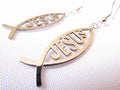 Ichthus fish earrings with gold-tone frame and dark lettering, fish hook dangle