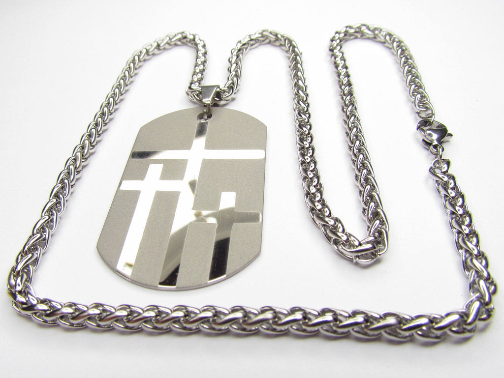 Dog tag necklace set with large cross pendant and layered silver chains