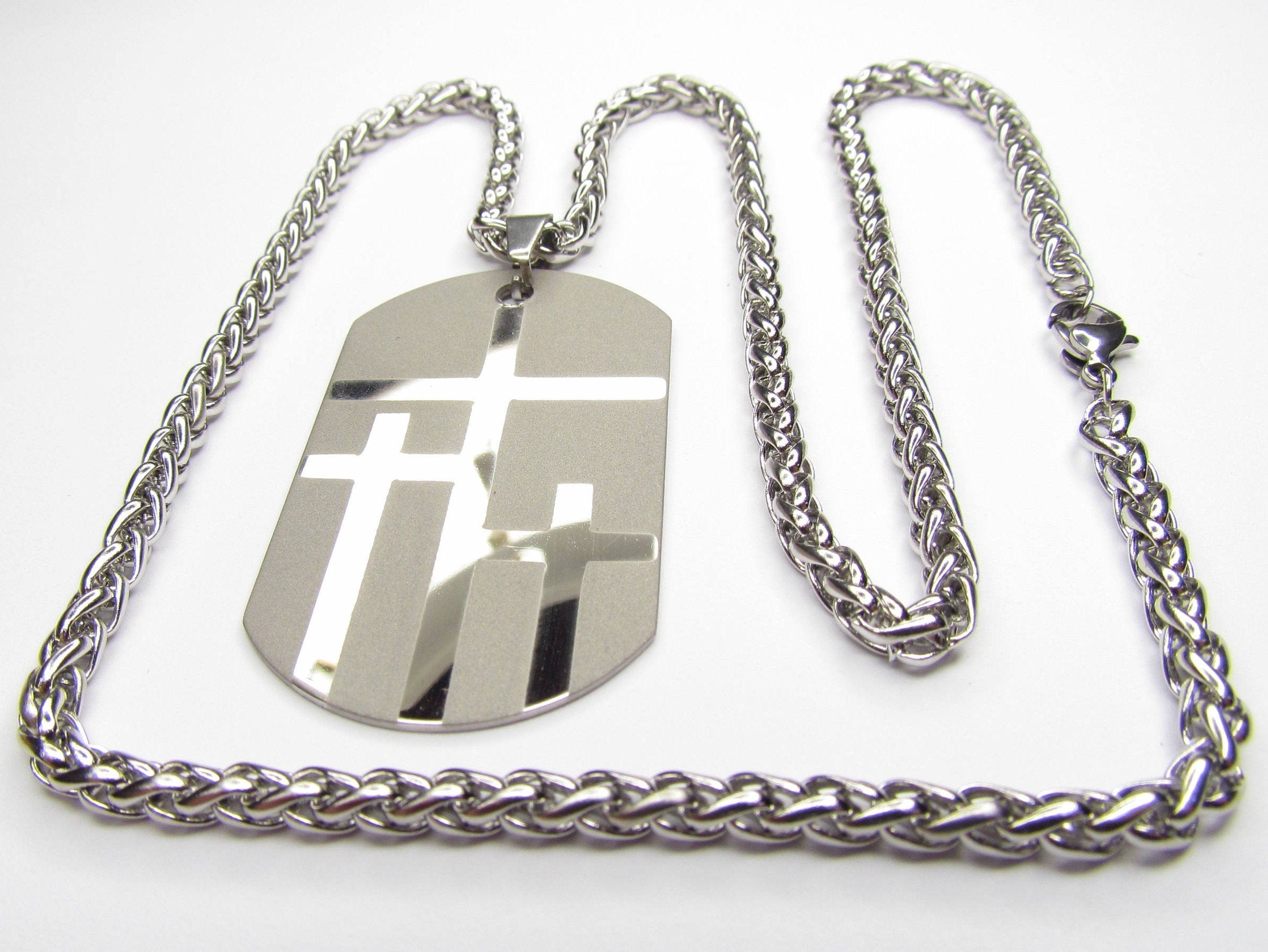 Dog tag necklace set with large cross pendant and layered silver chains