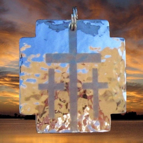 Blue-tinted hammered dog tag pendant with triple cross design and chain