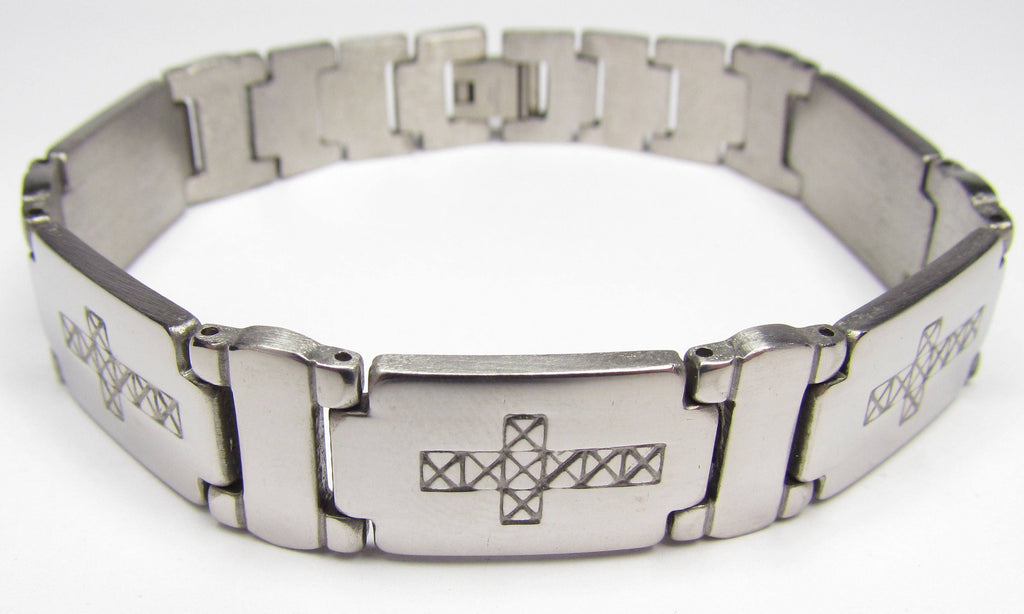 Stainless steel cross bracelet with engraved horizontal cross bar and link design