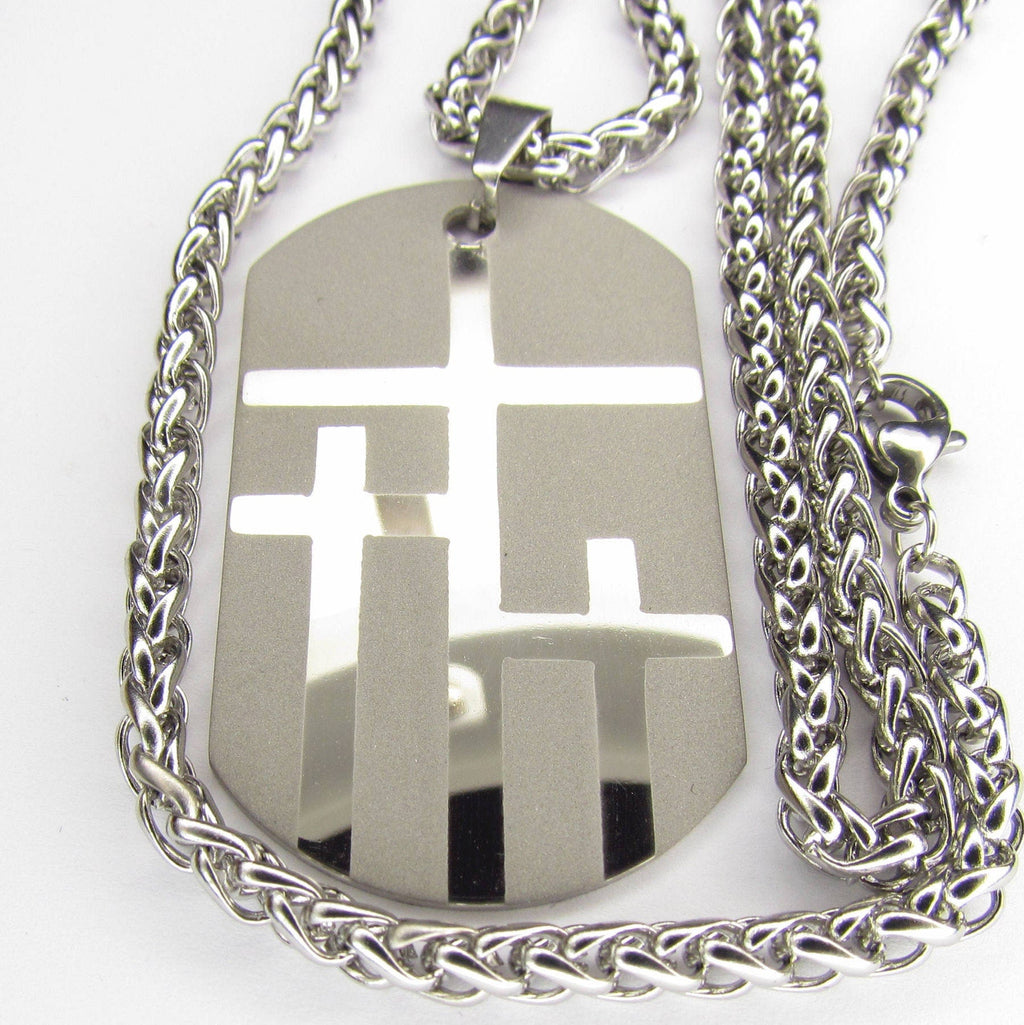 Dog tag necklace large silver pendant with raised cross shapes, twisted silver chain