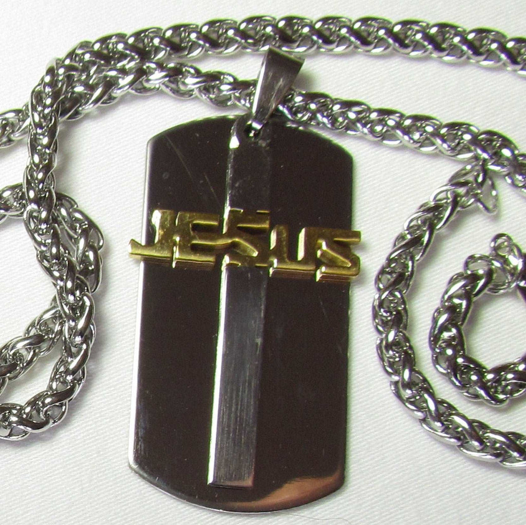 Stainless steel dog tag necklace with cross cut-out pendant and link chain