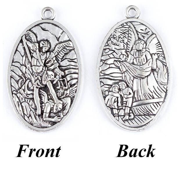 Silver oval Saint Michael medal pair showing front and back engravings, no chain