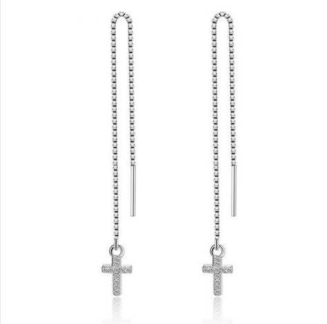 Pair of silver cross drop earrings with beaded chain and straight posts