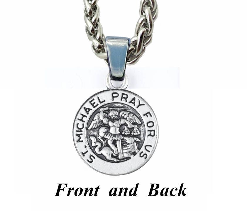 Silver circular Saint Michael prayer medal pendant on stainless steel chain