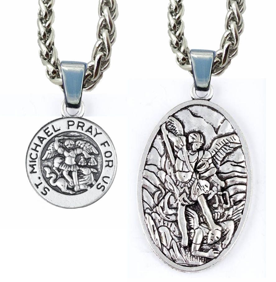 Silver oval Saint Michael medal on stainless steel chain, with two-sided engraving
