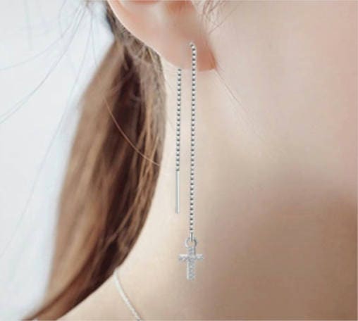 Silver cross drop earrings with long beaded chain and cross pendant