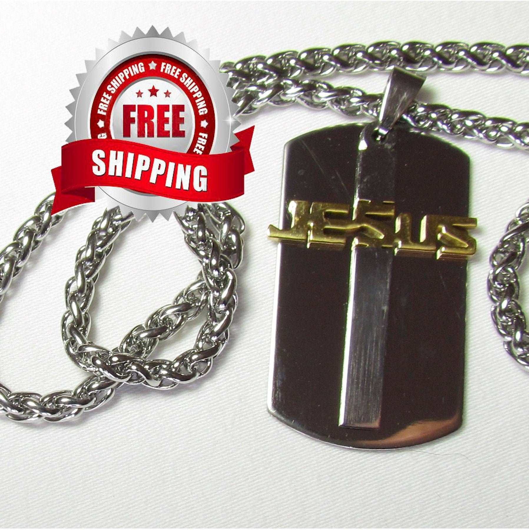 Stainless steel dog tag necklace with gold Jesus cross pendant and curb link chain