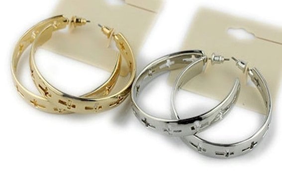 Pair of hoop earrings, gold and silver, with cross cutouts