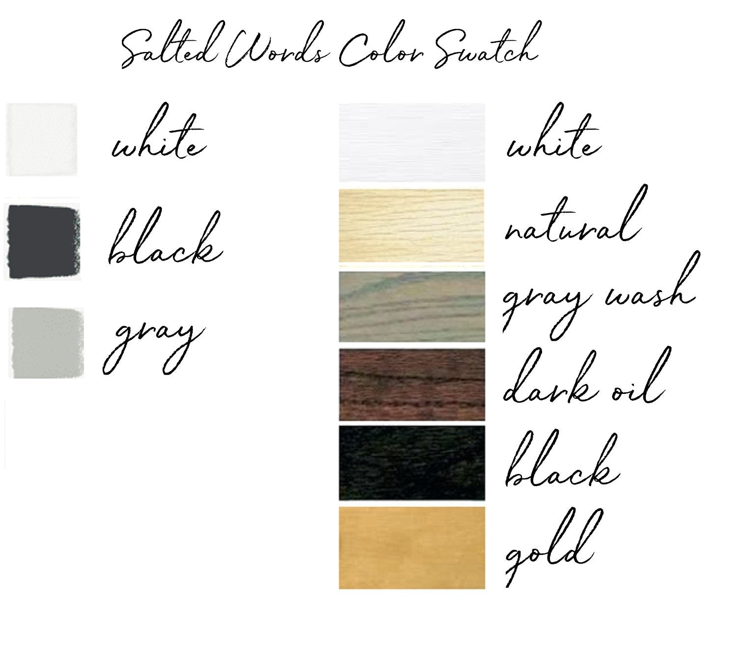 Color swatch for wood sign lettering: white, black, gray, natural, dark oil, gold