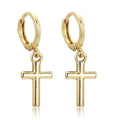 Gold-tone cross dangle hoop earrings with lever closure