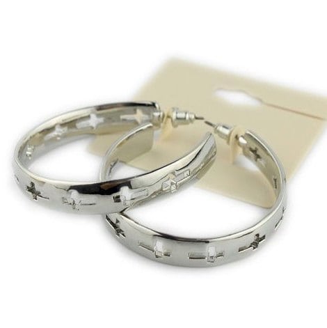 Silver hoop earrings with cross cutout details and stud post