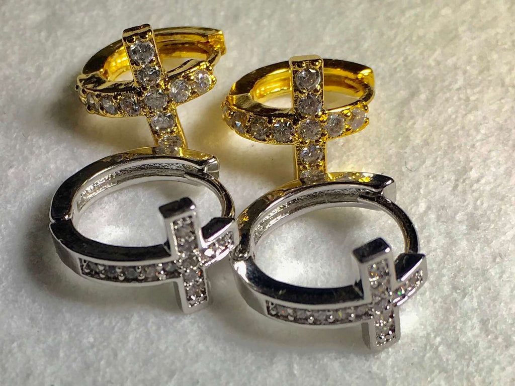 Cross hoop cuff earrings in gold with silver inset cross, hinged CZ-style stones