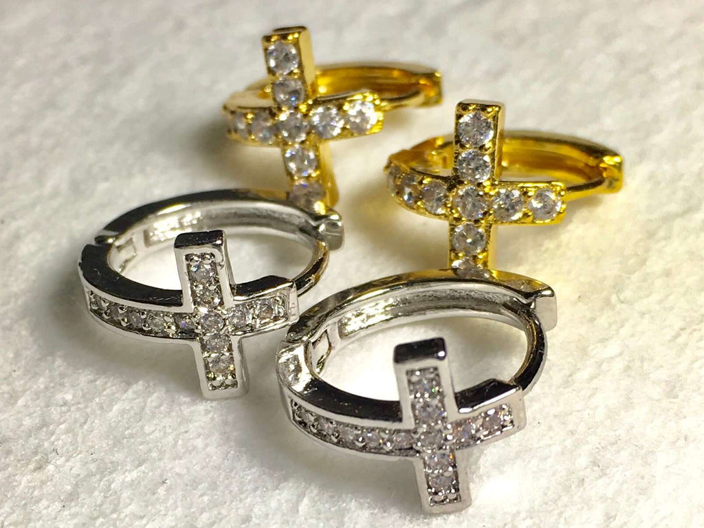 Cross hoop cuff earrings with hinged gold cross tops and silver hoop bands, CZ stones