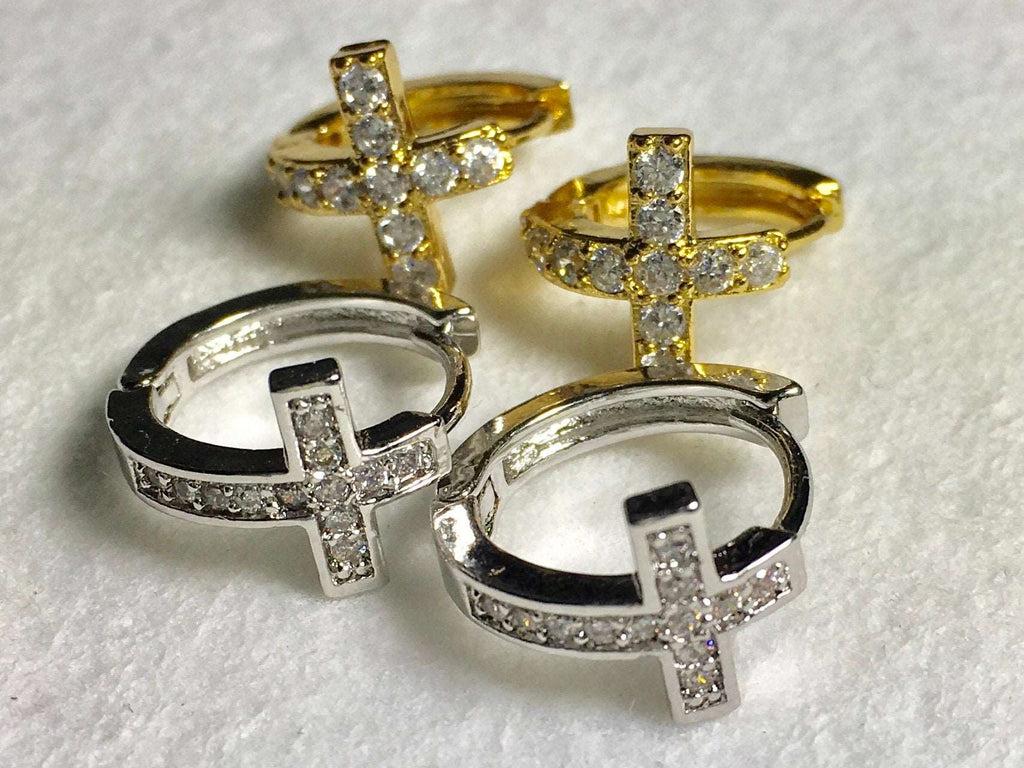 Cross hoop cuff earrings with hinged gold and silver cross charms, CZ-style stones