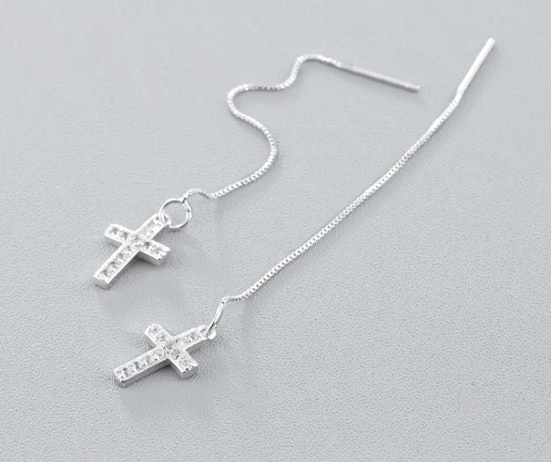Silver cross drop earrings with long beaded chain and cross charms