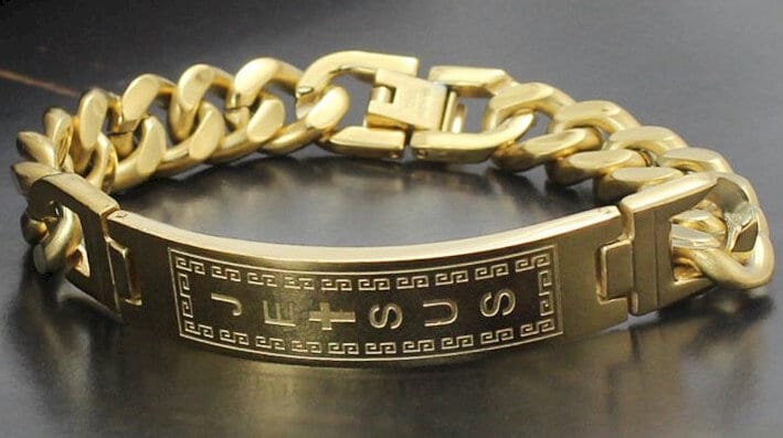 Gold-tone chain cuff bracelet with engraved center panel and linked clasp